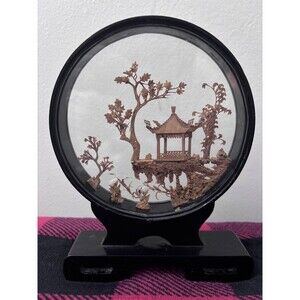 Vintage Chinese Cork Wood Diorama Carving Framed Sculpture Pagoda Cranes 7.5"